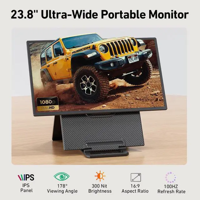Alt view image 2 of 5 - 23.8" Portable Monitor 1080P FHD 100Hz, IPS Laptop Screen Extender with 120% sRGB, 90° Rotatable & Height Adjustable Stand, USB-C/HDMI Plug & Play, Travel Monitor for Mac, Phone, Switch, Xbox, PS5