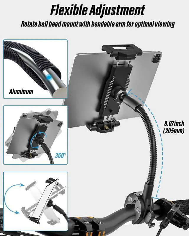 Alt view image 3 of 5 - Gooseneck Tablet Holder for Wheelchair, [Supports 15.6-inch] Phone Tablet Mount Pole Bar Clamp [Thick Case Friendly] 360° Rotation Adjustable Arm for 6-15.6" iPad Pro Air Mini, iPhone, Galaxy, Fire HD