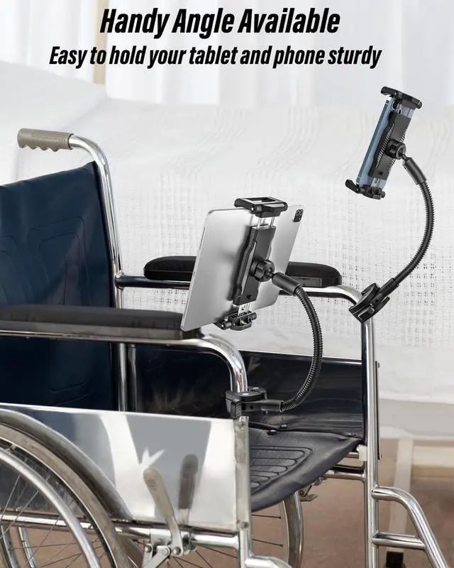 Alt view image 5 of 5 - Gooseneck Tablet Holder for Wheelchair, [Supports 15.6-inch] Phone Tablet Mount Pole Bar Clamp [Thick Case Friendly] 360° Rotation Adjustable Arm for 6-15.6" iPad Pro Air Mini, iPhone, Galaxy, Fire HD