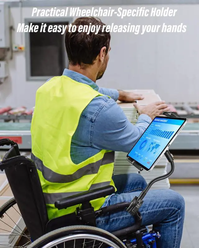 Alt view image 2 of 5 - Gooseneck Tablet Holder for Wheelchair, [Supports 15.6-inch] Phone Tablet Mount Pole Bar Clamp [Thick Case Friendly] 360° Rotation Adjustable Arm for 6-15.6" iPad Pro Air Mini, iPhone, Galaxy, Fire HD