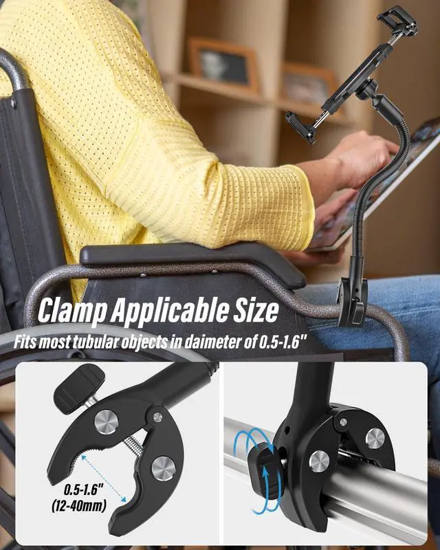 Alt view image 4 of 5 - Gooseneck Tablet Holder for Wheelchair, [Supports 15.6-inch] Phone Tablet Mount Pole Bar Clamp [Thick Case Friendly] 360° Rotation Adjustable Arm for 6-15.6" iPad Pro Air Mini, iPhone, Galaxy, Fire HD