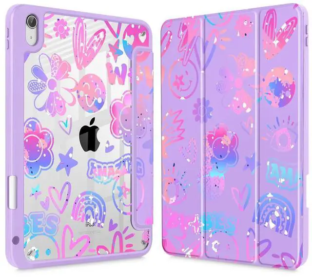 Main image of Tuiklol Case for iPad Air 13 (M3 2025 / M2 2024), Buit in Pencil Holder with TPU Protection Shockproof Cover Clear Transparent Back Trifold Stand-Auto Wake/Sleep Tablet Case, Fun Emotions Purple
