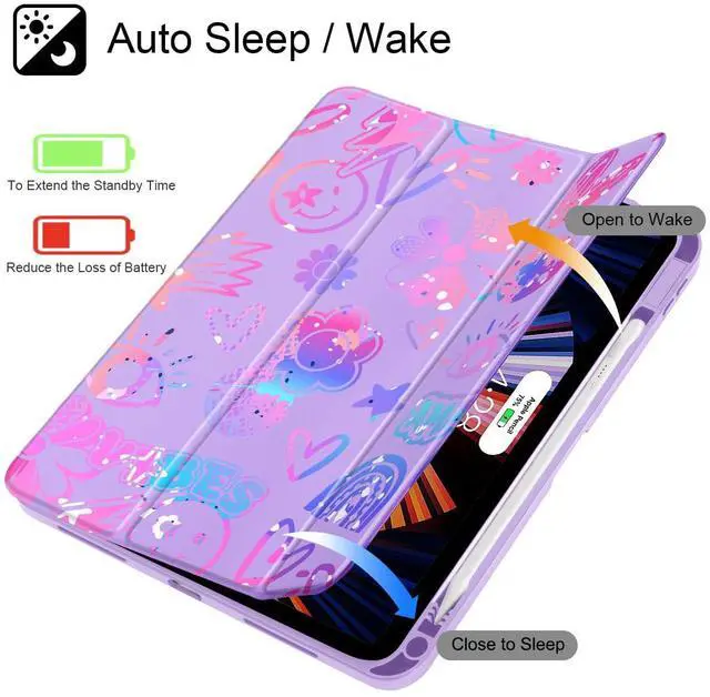 Alt view image 2 of 5 - Tuiklol Case for iPad Air 13 (M3 2025 / M2 2024), Buit in Pencil Holder with TPU Protection Shockproof Cover Clear Transparent Back Trifold Stand-Auto Wake/Sleep Tablet Case, Fun Emotions Purple