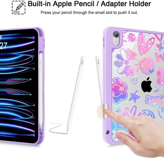 Alt view image 4 of 5 - Tuiklol Case for iPad Air 13 (M3 2025 / M2 2024), Buit in Pencil Holder with TPU Protection Shockproof Cover Clear Transparent Back Trifold Stand-Auto Wake/Sleep Tablet Case, Fun Emotions Purple