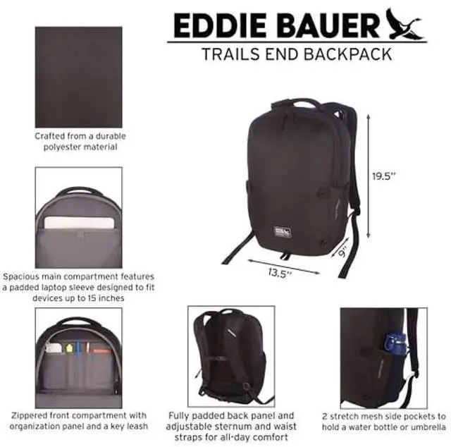 Alt view image 2 of 5 - Eddie Bauer Trail Ends Backpack 28L | Laptop Sleeve | Everyday Carry | Travel | Work | Commuting | Stretch Side Pockets | Padded Shoulder Straps | Mesh Back - Brook