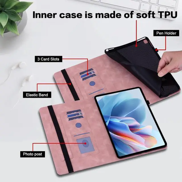 Alt view image 3 of 5 - TUOLISG Case for Kindle Fire HD 8 (2018/2017/2016,8th/7th/6th Generation) 8 inch, Multi-Angle Viewing Embossed Premium PU Leather Case with Card Slot for Kindle Fire HD 8 8th Generation, Pink