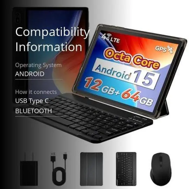 Alt view image 3 of 5 - Android Tablet 10 inch, Android 15 Tablet with Keyboard, Mouse, 4G LTE Cellular, IPS Display, MediaTek Octa Core Processor, 12GB+64GB, 2TB Expandable,5G Wi-Fi, GPS, 2-in-1 Tablets with Case