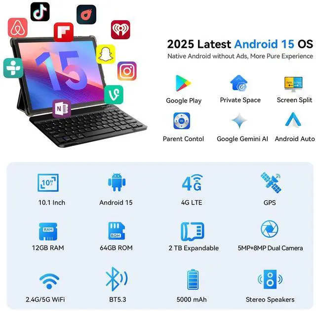 Alt view image 2 of 5 - Android Tablet 10 inch, Android 15 Tablet with Keyboard, Mouse, 4G LTE Cellular, IPS Display, MediaTek Octa Core Processor, 12GB+64GB, 2TB Expandable,5G Wi-Fi, GPS, 2-in-1 Tablets with Case