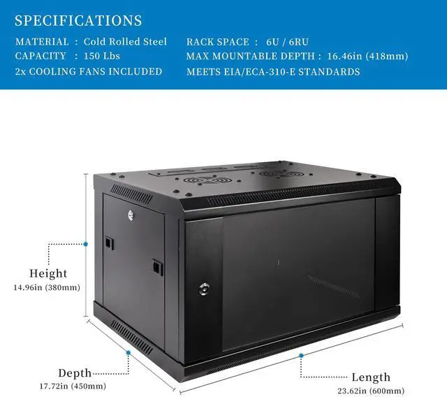 Alt view image 2 of 5 - RackPath 6U Professional Wall Mount Server Cabinet Network Rack Enclosure with 2X Quiet Cooling Fan, 1x Brush Cable Management Panel, Black