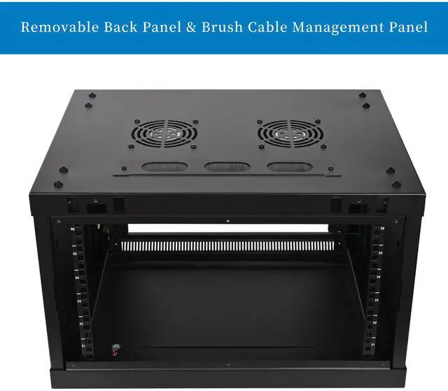 Alt view image 3 of 5 - RackPath 6U Professional Wall Mount Server Cabinet Network Rack Enclosure with 2X Quiet Cooling Fan, 1x Brush Cable Management Panel, Black