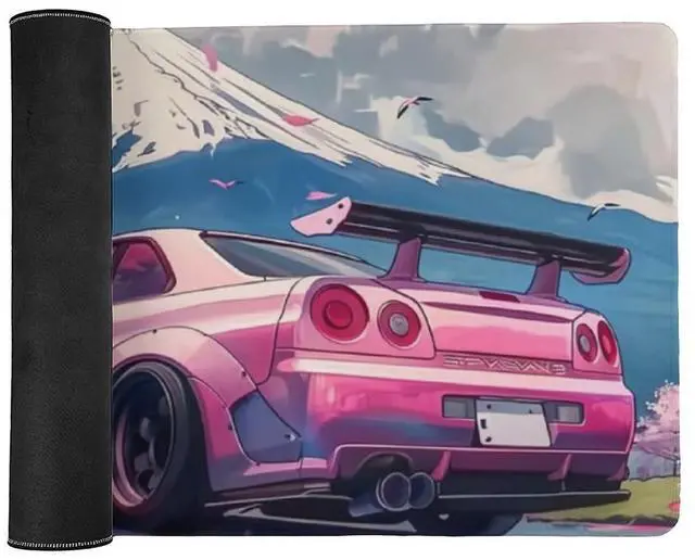 Alt view image 3 of 5 - FeoYoed Large Mouse Pad Overlock Edge Rubber Desk Mat Computer Accessories Gaming Office Decor Table Pad Essentials Keyboard Pads for Desk Pink JDM Car R34 Mount Fuji Cherry Blossoms 40x90cm