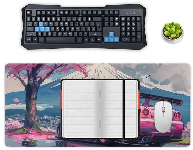 Alt view image 4 of 5 - FeoYoed Large Mouse Pad Overlock Edge Rubber Desk Mat Computer Accessories Gaming Office Decor Table Pad Essentials Keyboard Pads for Desk Pink JDM Car R34 Mount Fuji Cherry Blossoms 40x90cm