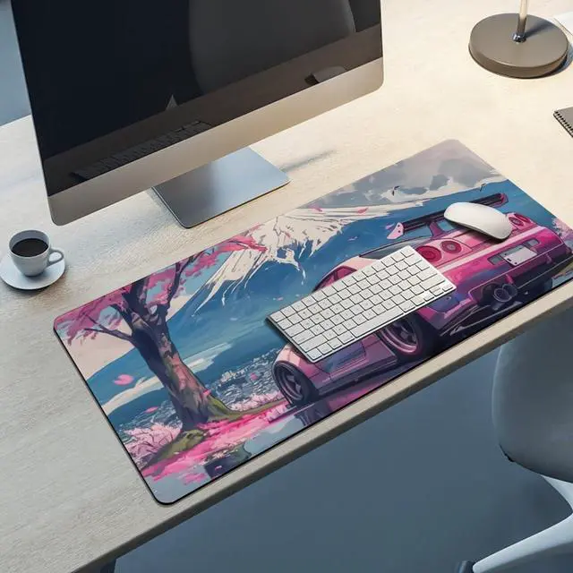 Alt view image 5 of 5 - FeoYoed Large Mouse Pad Overlock Edge Rubber Desk Mat Computer Accessories Gaming Office Decor Table Pad Essentials Keyboard Pads for Desk Pink JDM Car R34 Mount Fuji Cherry Blossoms 40x90cm