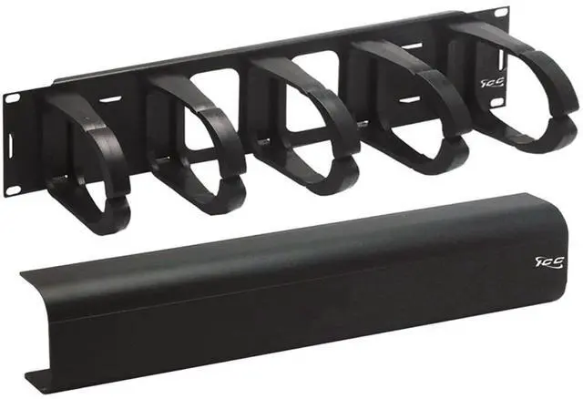 Main image of ICC 2U Ring Cable Manager Panel with Cover, Plastic with Metal Back Frame, 4" D-Rings, Horizontal Cable Management, Rackmount for 19 Network Racks, Black, Single Pack