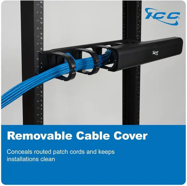 Alt view image 4 of 5 - ICC 2U Ring Cable Manager Panel with Cover, Plastic with Metal Back Frame, 4" D-Rings, Horizontal Cable Management, Rackmount for 19 Network Racks, Black, Single Pack