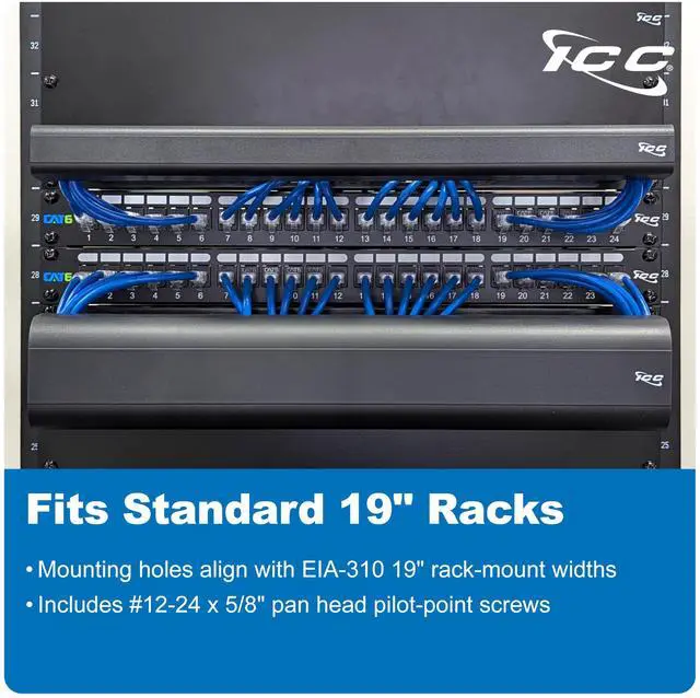 Alt view image 5 of 5 - ICC 2U Ring Cable Manager Panel with Cover, Plastic with Metal Back Frame, 4" D-Rings, Horizontal Cable Management, Rackmount for 19 Network Racks, Black, Single Pack
