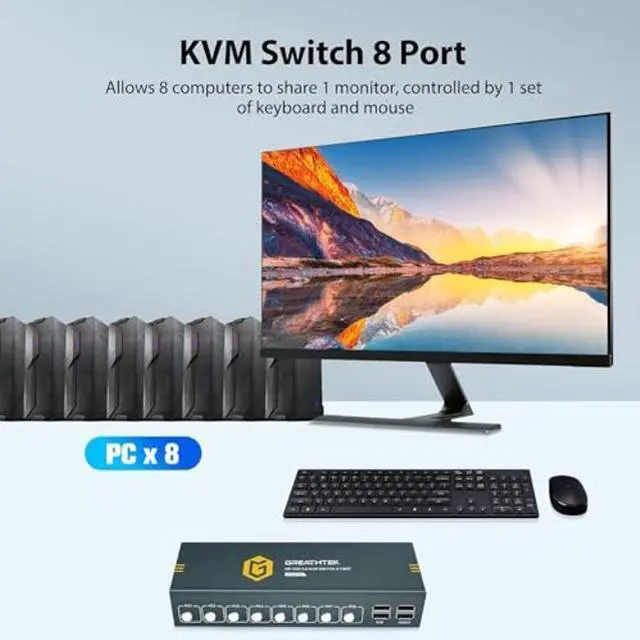 Alt view image 2 of 5 - HDMI KVM Switch 8 Port, 4K@30Hz KVM Switch 8 Computers Share 1 Monitor and Keyboard & Mouse, with USB 2.0 Ports, Support Button Switch & Hotkey Switch & RS232, Adaptive EDID, Plug and Play