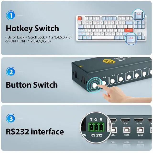 Alt view image 5 of 5 - HDMI KVM Switch 8 Port, 4K@30Hz KVM Switch 8 Computers Share 1 Monitor and Keyboard & Mouse, with USB 2.0 Ports, Support Button Switch & Hotkey Switch & RS232, Adaptive EDID, Plug and Play