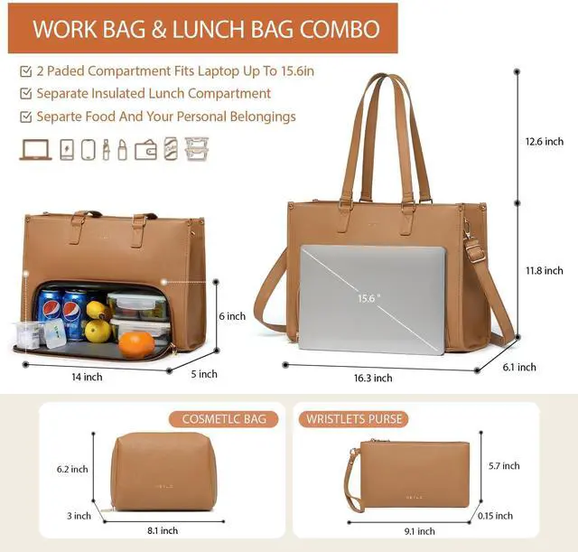 Alt view image 3 of 5 - Keyli 3PCS Sets Lunch Tote Bag for Women Laptop Bag for Women 15.6 Inch with Insulated Lunch Compartment Computer Briefcase Waterproof Handbag Large Capacity Business Teacher Office Laptop Purse