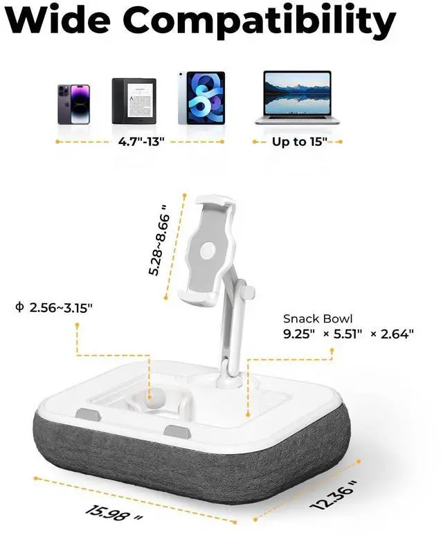 Alt view image 4 of 5 - Kindle Pillow Stand, Laptop Lap Desk with Mouse Pad & Cup Holder - Adjustable Bed Tablet Holder for 4.7-13" iPhone iPad Samsung - Compatible with 10-15" Laptop, Snack Bowl & 360° Swivel Arm