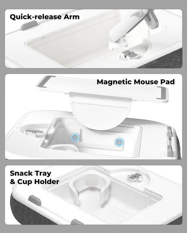 Alt view image 5 of 5 - Kindle Pillow Stand, Laptop Lap Desk with Mouse Pad & Cup Holder - Adjustable Bed Tablet Holder for 4.7-13" iPhone iPad Samsung - Compatible with 10-15" Laptop, Snack Bowl & 360° Swivel Arm