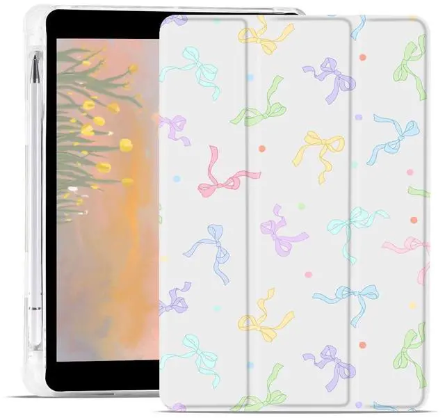 Main image of AdorableWhimsy Colorful Bow Ribbon Case for iPad mini 7 (A17 Pro) 2024 / iPad mini 6 2021 8.3 Inch with Pencil Holder Auto Sleep/Wake Trifold White Leather Soft TPU Back Cover for Girls Kids