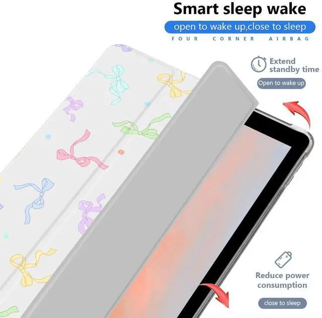 Alt view image 2 of 5 - AdorableWhimsy Colorful Bow Ribbon Case for iPad mini 7 (A17 Pro) 2024 / iPad mini 6 2021 8.3 Inch with Pencil Holder Auto Sleep/Wake Trifold White Leather Soft TPU Back Cover for Girls Kids