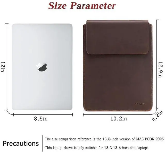 Alt view image 3 of 5 - Full Grain Leather 13.3"-13.6" Slim Laptop Sleeve Protector Vintage DesignCompatible with M1 M2 MacBook Pro 13.3" MacBook Air DELL XPS 13" & Other PCBrown