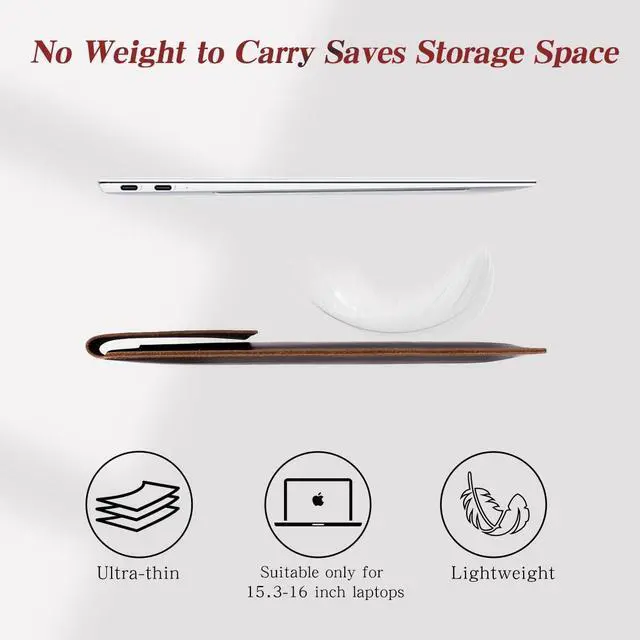 Alt view image 4 of 5 - Full Grain Leather 13.3"-13.6" Slim Laptop Sleeve Protector Vintage DesignCompatible with M1 M2 MacBook Pro 13.3" MacBook Air DELL XPS 13" & Other PCBrown
