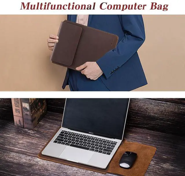 Alt view image 5 of 5 - Full Grain Leather 13.3"-13.6" Slim Laptop Sleeve Protector Vintage DesignCompatible with M1 M2 MacBook Pro 13.3" MacBook Air DELL XPS 13" & Other PCBrown