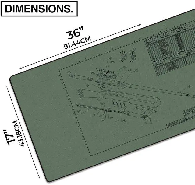 Alt view image 2 of 5 - MPCO. Blueprints Large Gaming Desk Pad - 36" x 17" Aeroglyde Fabric Browning 50 Cal  Green Desk Mats - Non-Slip, Washable, Smooth Glide for Precision Gaming & Work