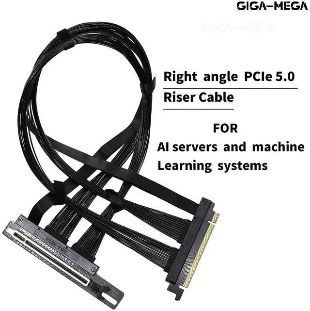 Alt view image 3 of 5 - GIGA-MEGA PCIe 5.0 X16 Riser Cable Right Angle Left Angle Straight Flexible Bundle Cable for AI Server 50-60 CM Length Black and White (Black, Right Angle 50cm)