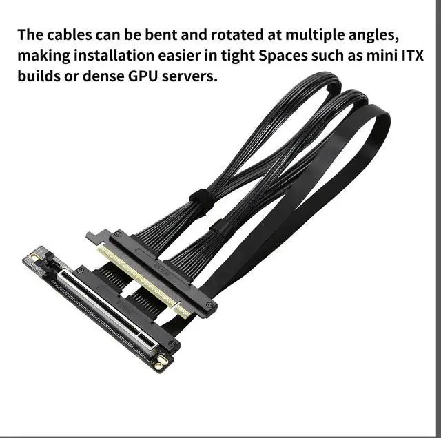 Alt view image 5 of 5 - GIGA-MEGA PCIe 5.0 X16 Riser Cable Right Angle Left Angle Straight Flexible Bundle Cable for AI Server 50-60 CM Length Black and White (Black, Right Angle 50cm)