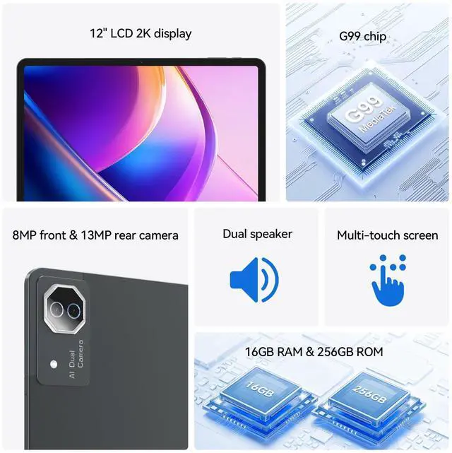 Alt view image 4 of 5 - Android Tablet, 12 inch Android 15 Tablet, 2K Display, MTK G99 Octa-Core, 16GB 256GB 1TB Expansion, 2.4/5G WiFi, 21MP Camera, Widevine L1, Gemini AI 2.0, Tablets with Keyboard, Mouse, Case etc