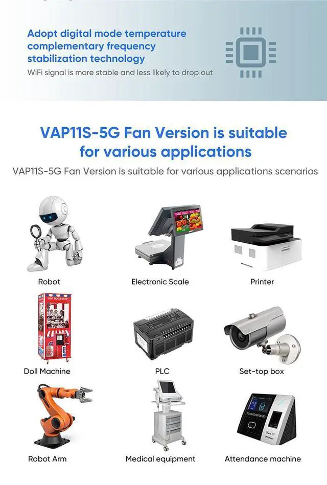 Alt view image 3 of 5 - VONETS 5GHz Industrial Mini WiFi Router Bridge Repeater, WiFi to Ethernet Adapter, Wireless Bridge Converts RJ45 Connection to Wireless, 2 External Antennas, DC/USB, VAP11S-5G with Smart Cooling Fan
