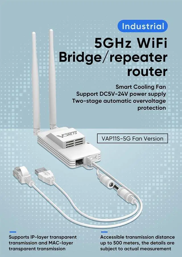Alt view image 2 of 5 - VONETS 5GHz Industrial Mini WiFi Router Bridge Repeater, WiFi to Ethernet Adapter, Wireless Bridge Converts RJ45 Connection to Wireless, 2 External Antennas, DC/USB, VAP11S-5G with Smart Cooling Fan