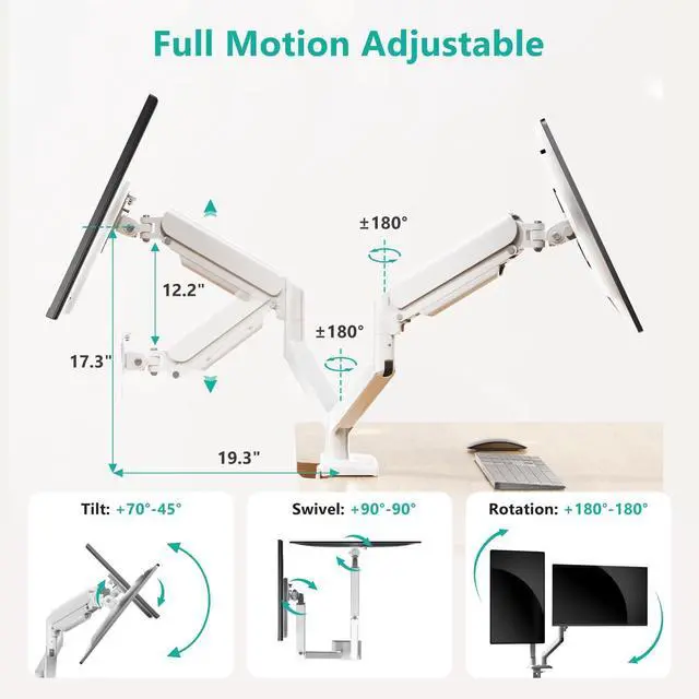 Alt view image 3 of 5 - WALI Dual Monitor Stand for 17-32 inch Screens, Dual Monitor Arms for 2 Monitors Holds up to 19.8 lbs, Adjustable Gas Spring Dual Monitors Mount, VESA 75x75/100x100mm (GSMP002NW), White