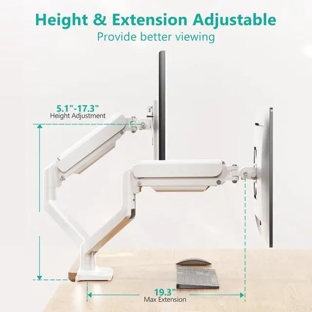 Alt view image 4 of 5 - WALI Dual Monitor Stand for 17-32 inch Screens, Dual Monitor Arms for 2 Monitors Holds up to 19.8 lbs, Adjustable Gas Spring Dual Monitors Mount, VESA 75x75/100x100mm (GSMP002NW), White