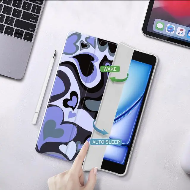 Alt view image 3 of 5 - Idocolors Pad Case Blue Love Heart White Cases Cute Girly Anti-Scratch Shockproof with Pencil Holder Lightweight Smart Trifold Stand Case for 10.9" iPad Air 4/iPad Air 5(Model Number: A2325 A2588)