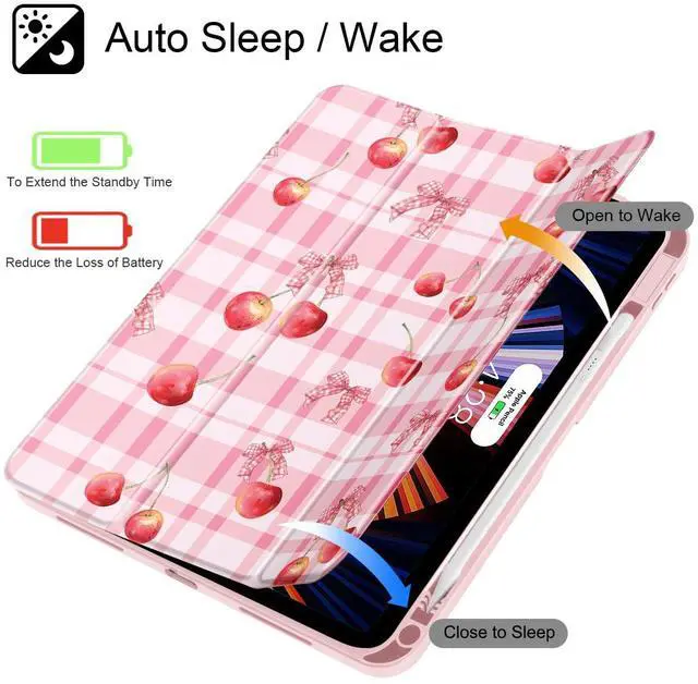 Alt view image 3 of 5 - Lepeoac Case for iPad Air 13 Inch (M3) 2025, (M2) 2024 - [Built-in Pencil Holder] Shockproof Cover with Clear Transparent Back Shell, Auto Sleep/Wake Cover, Cherry Bow P704