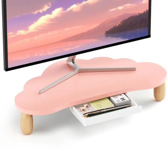 Main image of AFOOYO Monitor Stand Riser,Cloud-Shaped Sturdy Wood Computer Monitor Riser Wirh Drawer, Monitor Stand Riser, Multi-Purpose Desktop Organizer Riser for Computer,Laptop,Printer,TV,Pink