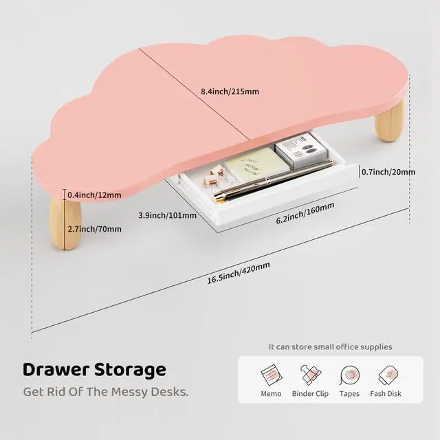Alt view image 3 of 5 - AFOOYO Monitor Stand Riser,Cloud-Shaped Sturdy Wood Computer Monitor Riser Wirh Drawer, Monitor Stand Riser, Multi-Purpose Desktop Organizer Riser for Computer,Laptop,Printer,TV,Pink