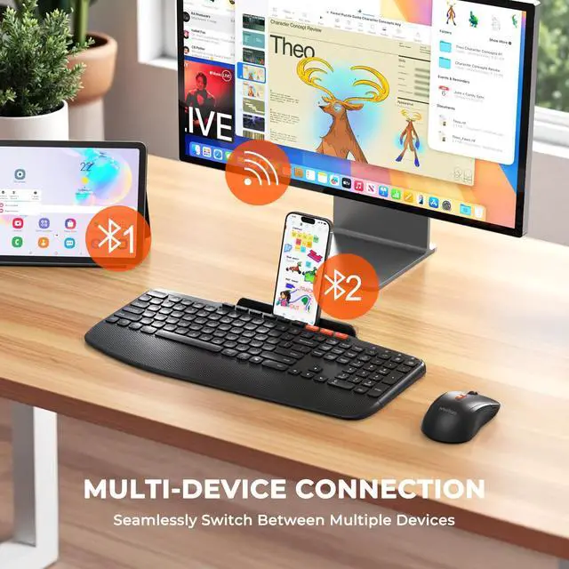 Alt view image 2 of 5 - MEETION Wireless Keyboard and Mouse Combo, Ergonomic Keyboard with Wrist Rest, Tablet Holder, Scissor Keys USB/Bluetooth Rechargeable Keyboards, 4DPI Mouse, for Windows/Mac/PC/Laptop/Phone/Tablet