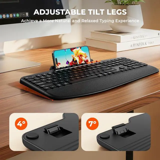 Alt view image 5 of 5 - MEETION Wireless Keyboard and Mouse Combo, Ergonomic Keyboard with Wrist Rest, Tablet Holder, Scissor Keys USB/Bluetooth Rechargeable Keyboards, 4DPI Mouse, for Windows/Mac/PC/Laptop/Phone/Tablet