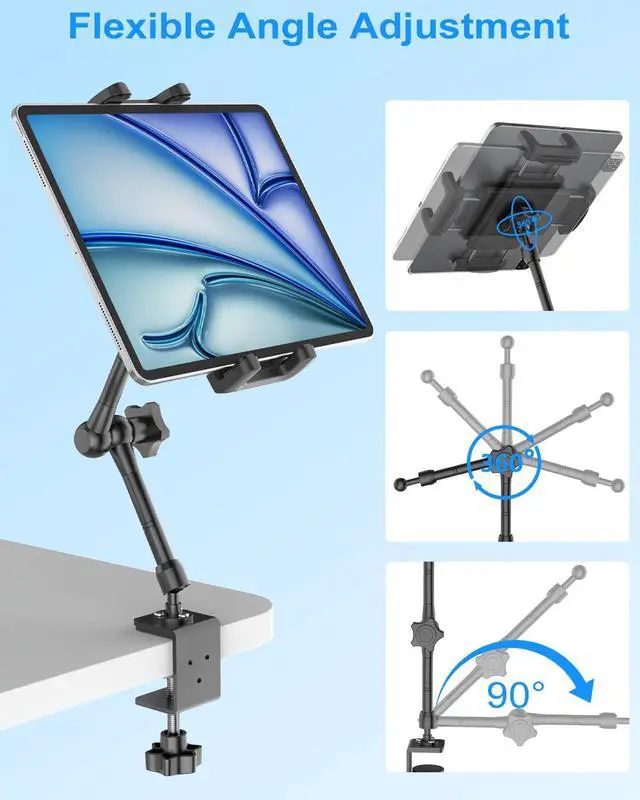 Alt view image 2 of 5 - Kolasels Metal Tablet Stand Holder for iPad, [Foldable Arm] Tablet Mount for Desk, Kitchen, Under Cabinet, Living, Cafe, Office, Compatible iPad mini, Air, Pro, Galaxy Tab/Z Fold, 4.7-16'' Device