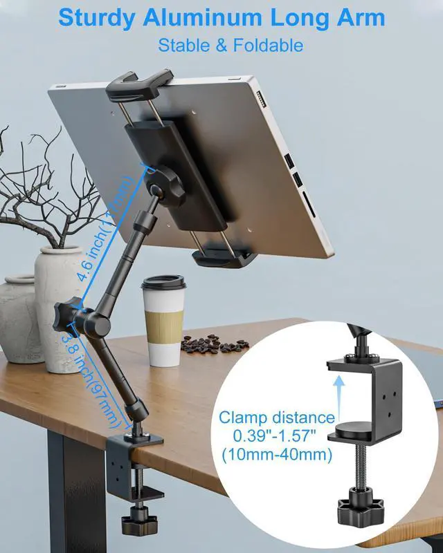 Alt view image 3 of 5 - Kolasels Metal Tablet Stand Holder for iPad, [Foldable Arm] Tablet Mount for Desk, Kitchen, Under Cabinet, Living, Cafe, Office, Compatible iPad mini, Air, Pro, Galaxy Tab/Z Fold, 4.7-16'' Device