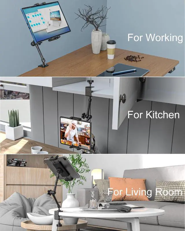 Alt view image 4 of 5 - Kolasels Metal Tablet Stand Holder for iPad, [Foldable Arm] Tablet Mount for Desk, Kitchen, Under Cabinet, Living, Cafe, Office, Compatible iPad mini, Air, Pro, Galaxy Tab/Z Fold, 4.7-16'' Device