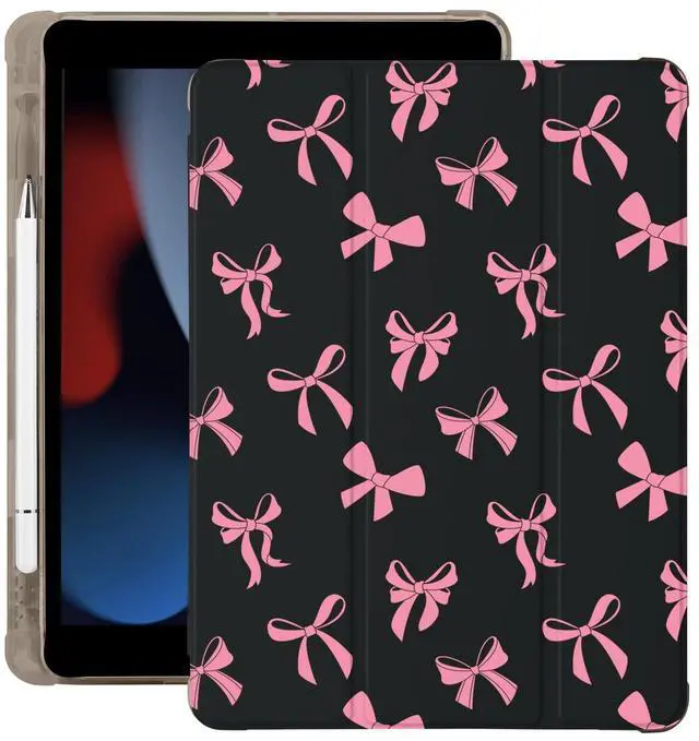Main image of Cute Kawaii Bow for iPad 7th/8th/9th Generation Case with Pencil Holder, Auto Sleep/Wake, Black Leather Soft TPU Back Cover for iPad 10.2 Inch 2019/2020/2021