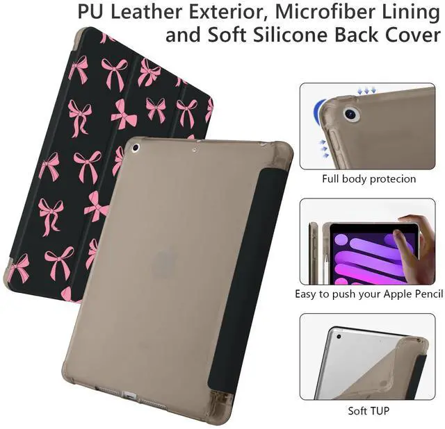 Alt view image 4 of 5 - Cute Kawaii Bow for iPad 7th/8th/9th Generation Case with Pencil Holder, Auto Sleep/Wake, Black Leather Soft TPU Back Cover for iPad 10.2 Inch 2019/2020/2021
