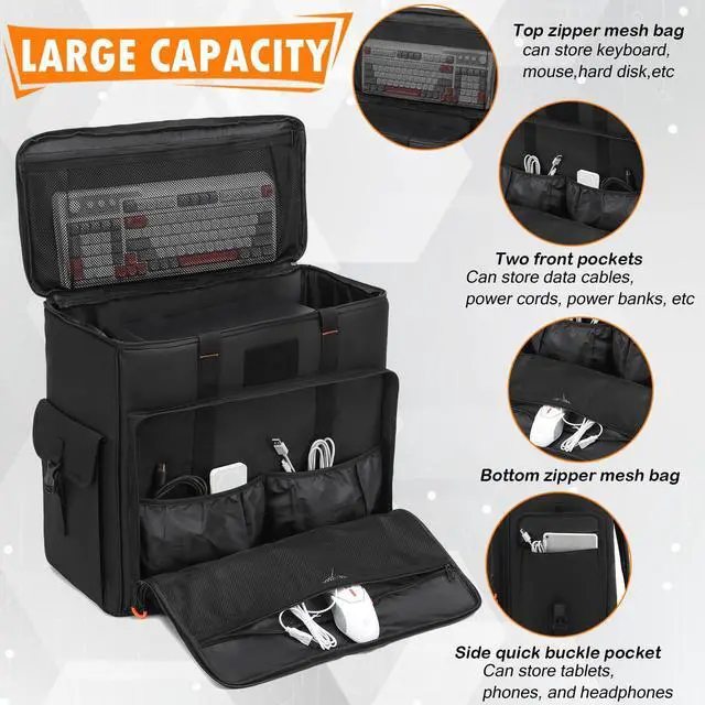 Alt view image 4 of 5 - BISKLNDN Computer Desktop Tower Carrying Case - Portable PC Travel Case for Full Tower ATX Computer Case, PC Carrying Case Bag with Padded Shoulder Straps, Holds Desktop CPU, Keyboard, Mouse, Black